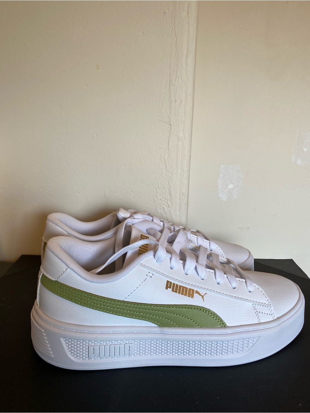 Puma White Platform Sneaker with Light Green Stripe